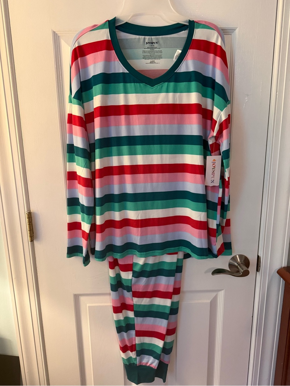 Women’s Striped Long-Sleeve Pajama Set - Green, Red, Pink